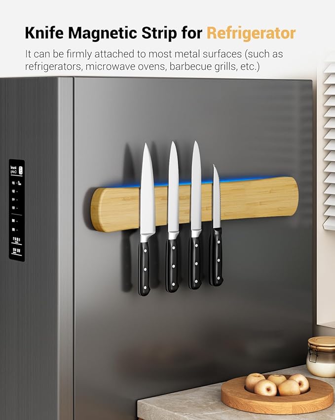 Swaitee Magnetic Knife Holder for Wall, 18 Inch Bamboo Magnetic Knife Strip, Kitchen Storage Organizer, Fridge Side Mount, Housewarming Gifts for New Home