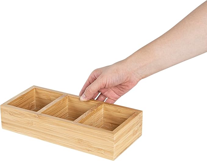 Restaurantware-9.5 x 4.25 x 2 Inch Coffee Condiment Organizer, 1 Rectangle Creamer Organizer - 3 Compartments, Break-Resistant, Bamboo Coffee Accessory Caddy, Won't Chip, For Tea And Sugar Packets