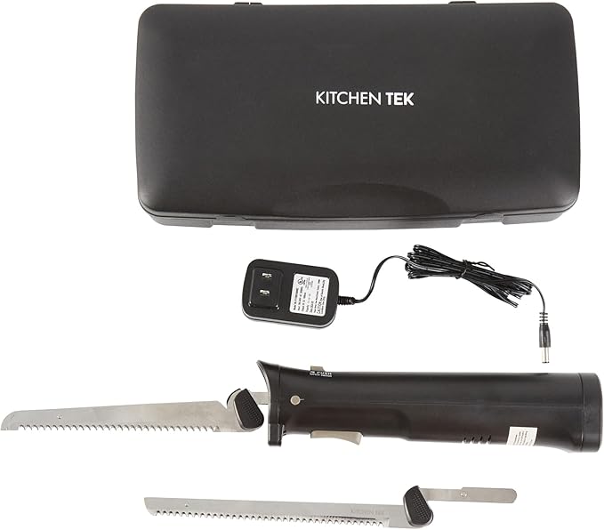 Restaurantware-Kitchen Tek Electric Knife Set, 1 Electric Knife With Motorized Handle - Includes 1 Bread and 1 Carving Tool, 1 Case, Black Plastic Food Cutter With Stainless Steel Blades