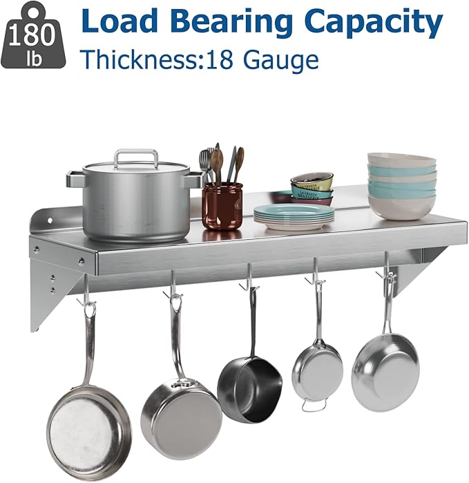 12" x 24" NSF Certified Stainless Steel Wall Mount Shelf - Multifunctional Metal Storage Rack with Backsplash and 5 Hooks