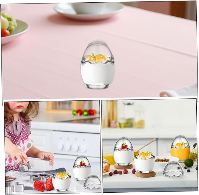Cabilock 6pcs Heat Resistant Glass Egg Shaped Pudding Cups with Lids Reusable Transparent Yogurt Jars for Meal Prep Desserts and Snacks