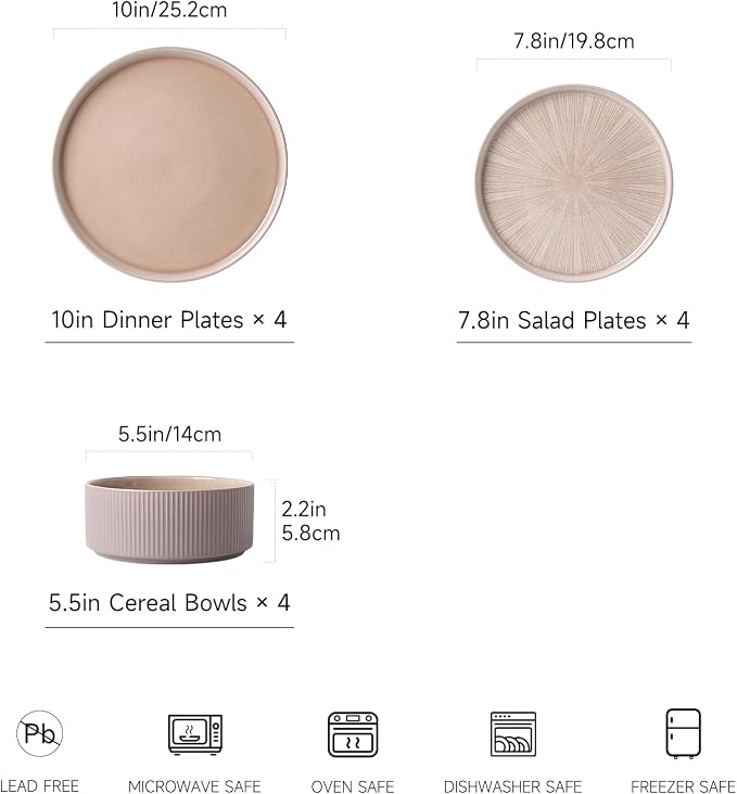 Dinnerware Sets, Ceramic Plates and Bowls Set 12 Piece Dinnerware for 4 Chip Resistant Stoneware, Dishwasher and Microwave Safe-Warm brown