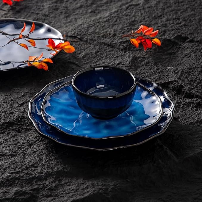 4-piece set, ceramic, natural active glaze plate and bowl set, microwave and dishwasher compatible tableware set, shatterproof and scratch resistant dinner set, irregular edge design, blue