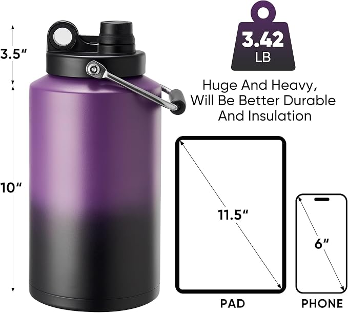 Kerilyn Insulated Gallon Jug with Handle, One Gallon, 128oz Stainless Steel, Large Double Vacuum Water Bottle for Hot & Cold Drinks, Wide Mouth, Sweat Proof, Great for Travel, Camping, Purple Gradient