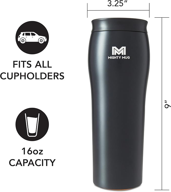 Mighty Mug | The Untippable Mug | Grips When Hit, Lifts for Sips | Insulated Stainless Steel Tumbler | Cupholder Friendly | Gifts for Women Men All | Leakproof | 6 Hours Hot / 24 Cold | 16oz | Black