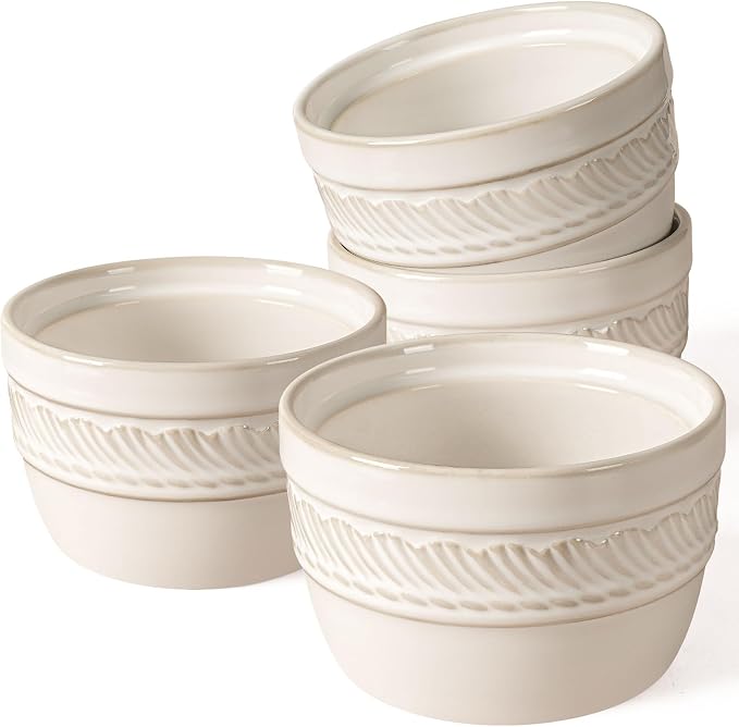 Artena Ramekins Oven Safe, Creme Brulee Ramekins, Embossed White Ceramic Ramiken, Souffle Pudding Custard Cups, Baking Dish, Dipping Bowls, Sauce Cups, Set Of 4 (8 oz, Willow Leaf)