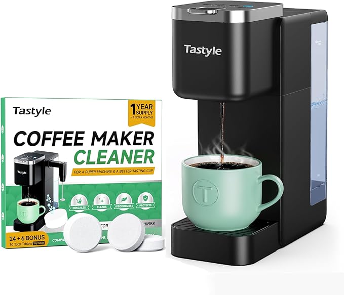 Tastyle Single Serve Coffee Maker with 30 Descaler Cleaner Tablets, Iced and Hot Coffee Machine for K Cup & Grounds, Compact Design, 40oz Removable Water Reservoir