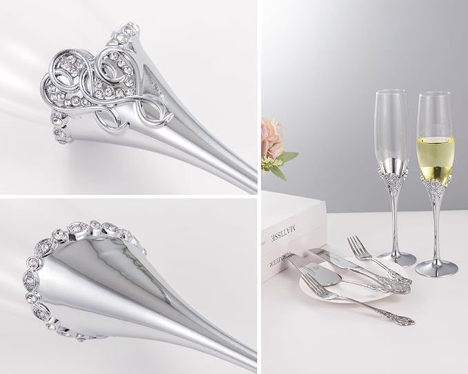 Wedding Cake Knife and Server Set, Heart Shaped Mr and Mrs Champagne Flutes with Cake Cutting Set for Wedding Bridal Shower Gifts (Silver)