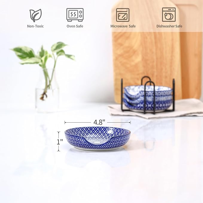 Selamica Ceramic Spoon Rest with Holder, 4.8 Inch Spoon Rest for Stove Top, Spoon Holder for Kitchen Counter, Coffee Spoon Holder, Utensil Rest for Cooking, Ladles, Tong, Set of 4, Vintage Blue