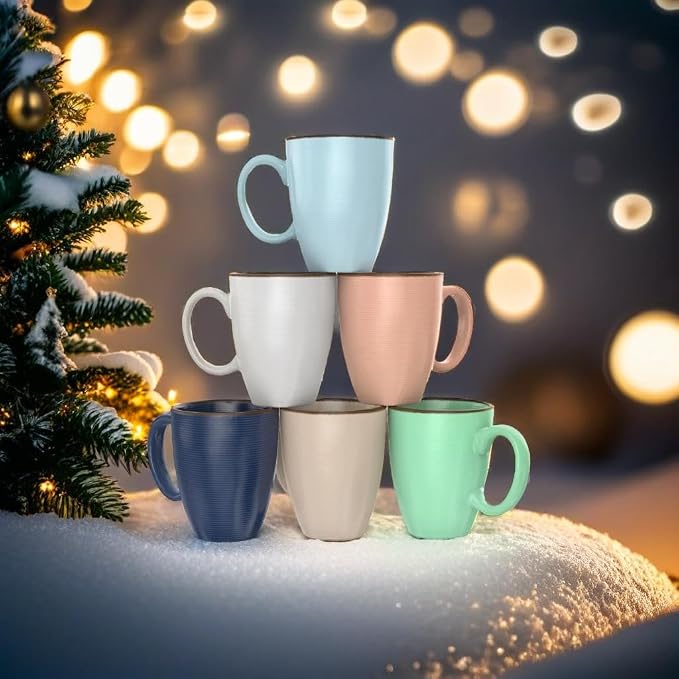 Francois et Mimi Set of 6 12oz Designer Ribbed Style Colorful Ceramic Coffee Mugs, Coffee Cups Gift Set for Coffee, Tea, Cocoa and More. Dishwasher and Microwave Safe.