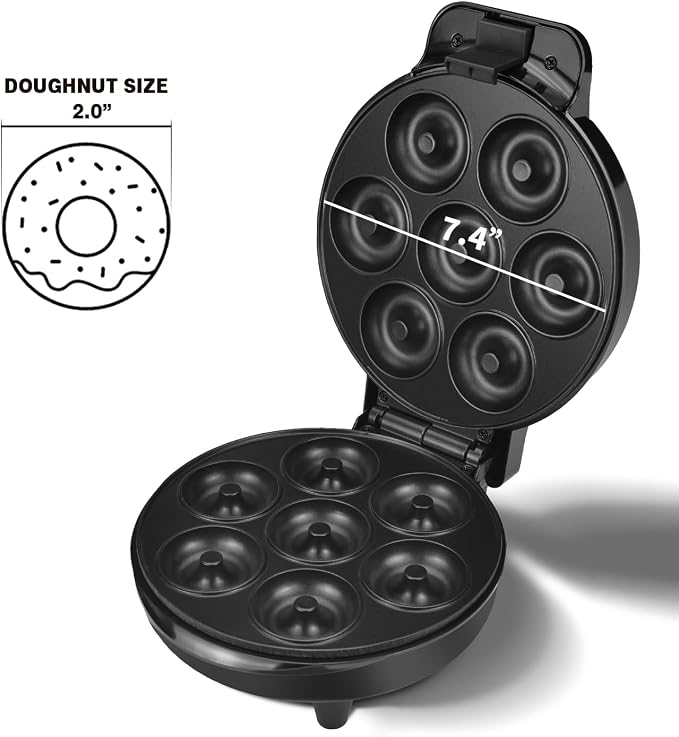 DSP Mini Donut Maker - Non-Stick, 7 Donuts, Cool-Touch | Quick 3-Min Baking, Indicator Lights, Easy Wipe-Clean, Breakfast/Snacks/Desserts, Black