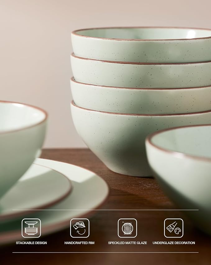 Famiware Venus Plates and Bowls Sets, 18 Pieces Stoneware Speckled Dishes Dinnerware Set for 6, Light Green - Microwave & Dishwasher Safe, Modern Minimalist, for Everyday Meals & Formal Dining
