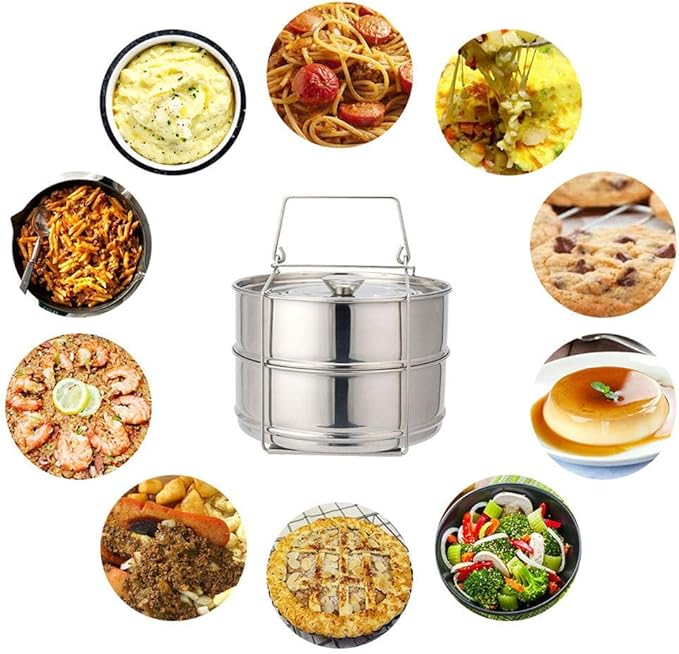 Stackable Steamer Insert Pans- Instant Pot Accessories 6 Qt-2 Silicone handle & Interchangeable Lids–Pressure Cooker Accessories- Pot in Pot for Baking,Lasagna,food steamer,Reheat Multiple Dishes