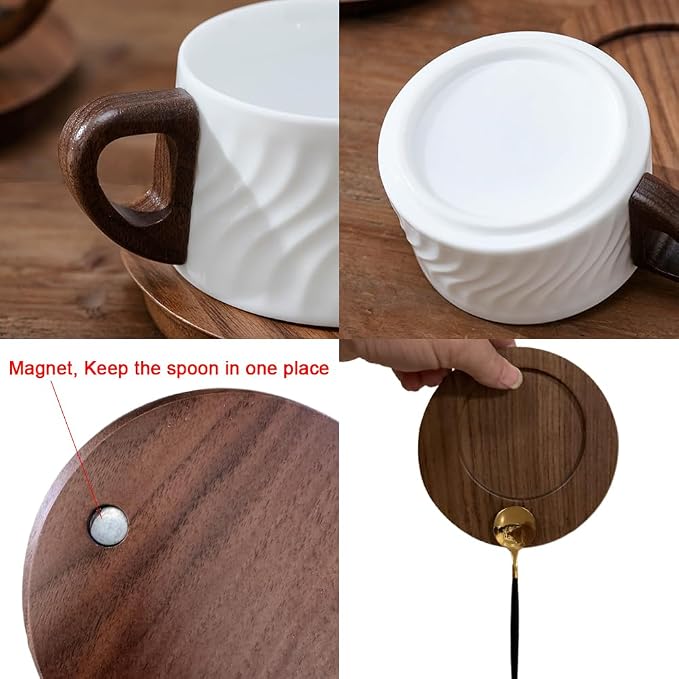 5oz/150ml Cappuccino Cup and Saucer Set, White Porcelain Cup with Walnut Wood Saucer, Espresso Coffee Mug, Couple Cups set of 2 with gift box (SYJ-TCG005)