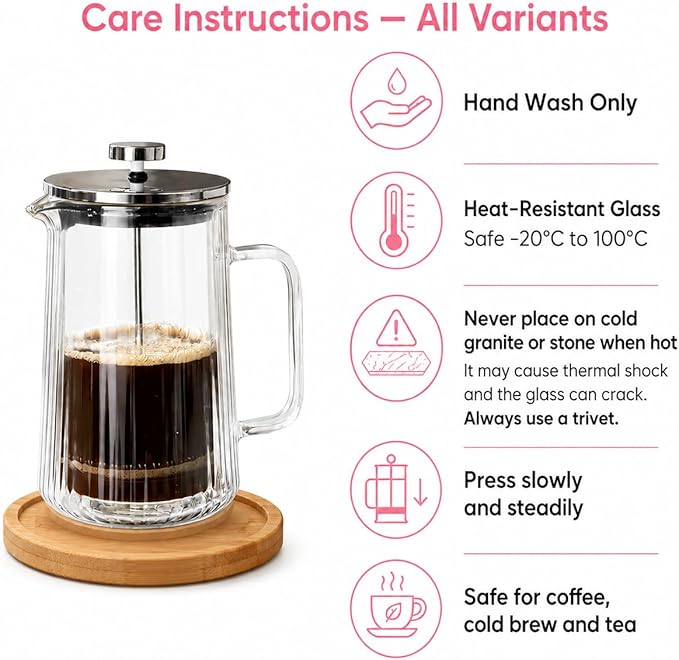 French Press Coffee Maker 22oz – Pink Floral Glass Design – Double-Wall Borosilicate Ribbed Coffee Press with Stainless Steel Filter – Manual Brewer & Tea Press