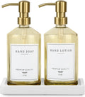 Dish Soap Dispenser for Kitchen, Glass Kitchen Soap Dispenser Set with Stainless Steel Pump, Modern Farmhouse Bathroom Decor & Accessories (Yellow Bottle/Gold Pump)