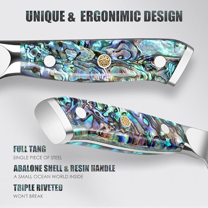 KEENZO Damascus Chef Knife Set 5 pcs, Professional Kitchen Knives Set, Chef's Knife, Santoku,Bread, Paring, Fillet, Utility,Sharp Blade Cooking Knife set, Ergonomic Abalone Shell handle with Gift Box