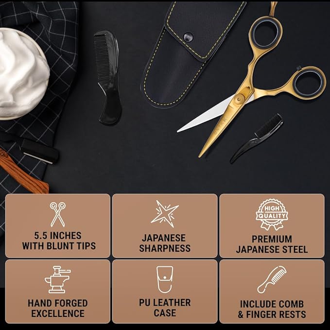 Ontaki Beard & Mustache Scissors for Men - 5.5" Japanese Steel, Gold Brass - Sharp Blades, Ergonomic Finger Rest & Adjustable Tension Screw for Perfect Hair Trimming - Beard Scissors
