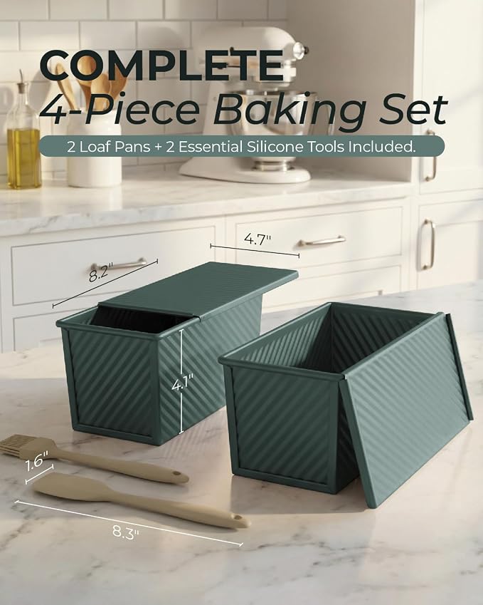 CARTMAN Bread Loaf Pan 2 Pack, 8x4 Pullman Loaf Pan with lid and a Silicone Spatula and Basting Pastry Brush, 1 lb Dough Capacity,Non-Stick Carbon Steel bread pans for homemade bread Sage Green