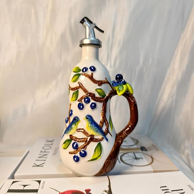 Hand-Painted Ceramic Relief Olive Oil Bottle Dispenser, with Handle Decorative Olive Oil Dispenser Bottle, Kitchen Ceramic Oil Vinegar Bottle Seasoning Bottle with Stainless Steel Spout & Funnel