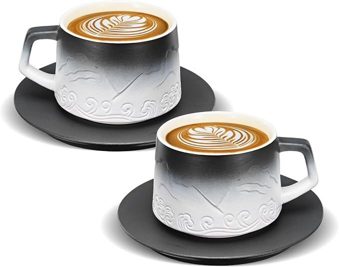 8 oz Cappuccino Cups Set of 2, Embossment Artistic Ceramic Coffee Cups with Saucers Set for Latte Art, Stoneware Cups for Cafe Au Lait, Black Tea, Coffee Lovers Gifts