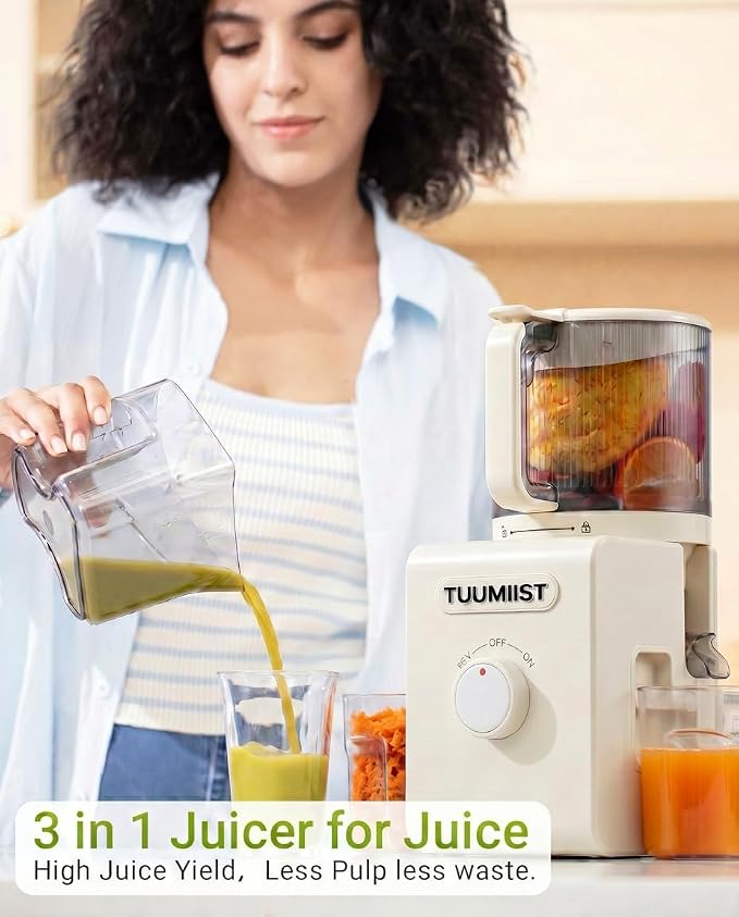 Cold Press Juicer Machine, 6.5" Large Feed Chute Masticating Extractor, Easy to Clean for Whole Fruits & Vegetables, High Yield, White