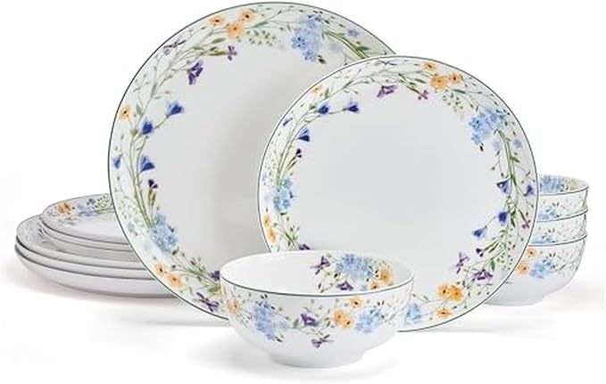 Mikasa Quinn Lightweight Bone China 12 Piece Dinnerware Plate Bowl Set, Service for 4