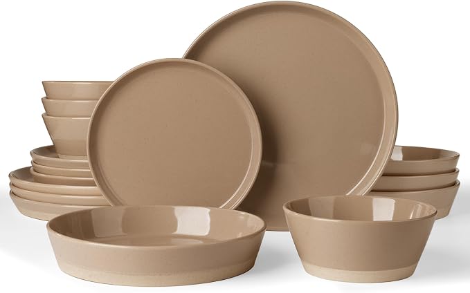 Famiware Saturn 16 Pieces Plates and Double Bowls Sets for 4, Stoneware Dinnerware Set with Pasta Bowl, Dish Set with Trim - Chip & Scratch Resistant, Microwave & Dishwasher Safe, Cinnamon Brown
