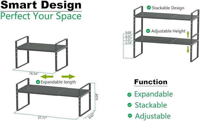 Jojocross Expandable Stackable Spice Rack Cabinet Shelf Organizer in Cabinets Shelves Kitchen Cupboard Organization Stack up Racks Pantry Countertop Storage (Gun-Gray, Medium 1 Pack G)