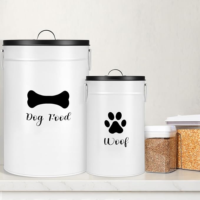 DoubleFill Extra Large 30+14 lb Metal Dog Food Storage Containers Set of 2 Airtight Dog Treat Snack Jars with Lids and Spoon Farm House Style Big Pet Cookie Storage Bin for Kitchen Counter Gift