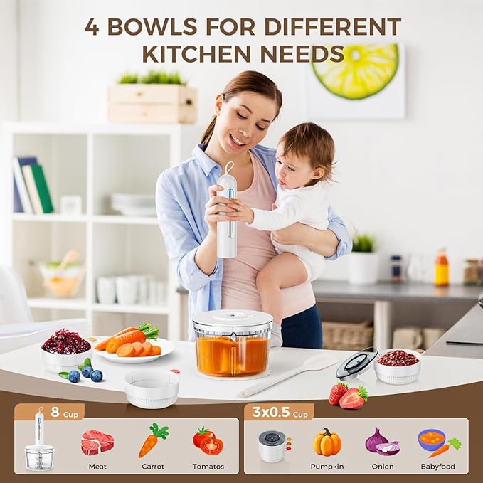 Glass Food Processor with 4 Blades & 4 Bowls (8 Cup + 3x0.5 Cup), Small Food Processor& Meat Grinder - Compact Design for Meal Prep, Baby Food, Sauces - Dishwasher Safe