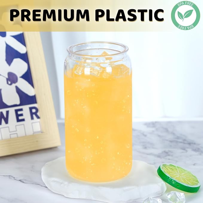 16 Oz Acrylic Plastic Can Tumbler, 12 Pack Plastic Clear Cup Beer Can, Plastic Mason Jar with Clear Lid