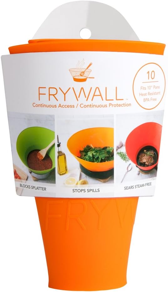 Frywall Splatter screen alternative 10" - stops grease splatter without trapping steam - continuous access - dishwasher safe - compact storage (Orange)