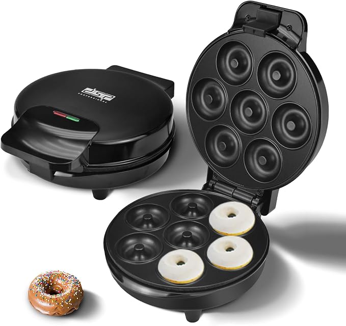 DSP Mini Donut Maker - Non-Stick, 7 Donuts, Cool-Touch | Quick 3-Min Baking, Indicator Lights, Easy Wipe-Clean, Breakfast/Snacks/Desserts, Black