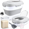 Komzon Rice Storage Bin Cereal Containers, 13-50lb Collapsible Rice Container Dispenser with Transparent Lid, Rolling Wheels, Measuring Cup and Scoop, Airtight Dog Cat Pet Food Storage Container White
