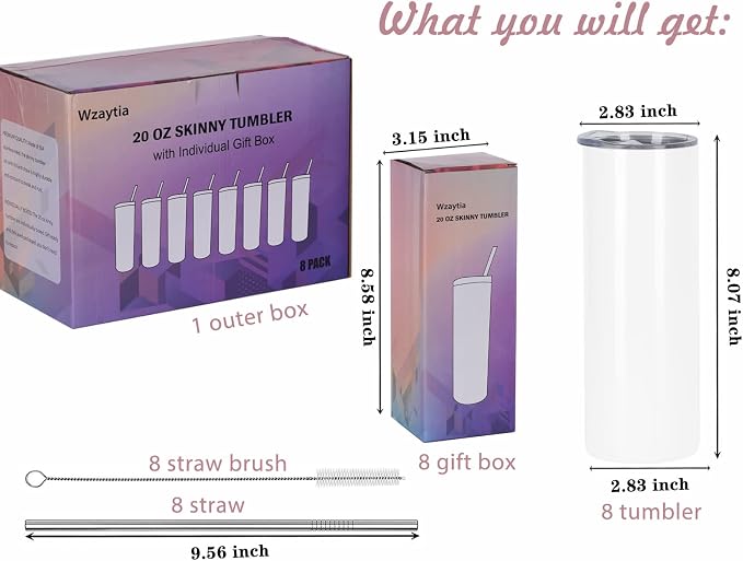 8 Pack 20 Oz Straight Skinny Tumblers,Individually Gift Boxed Stainless Steel Slim Skinny Tumbler Set Bulk, 20 Oz Insulated Slim Thin Travel Tumbler Cup for Diy, White