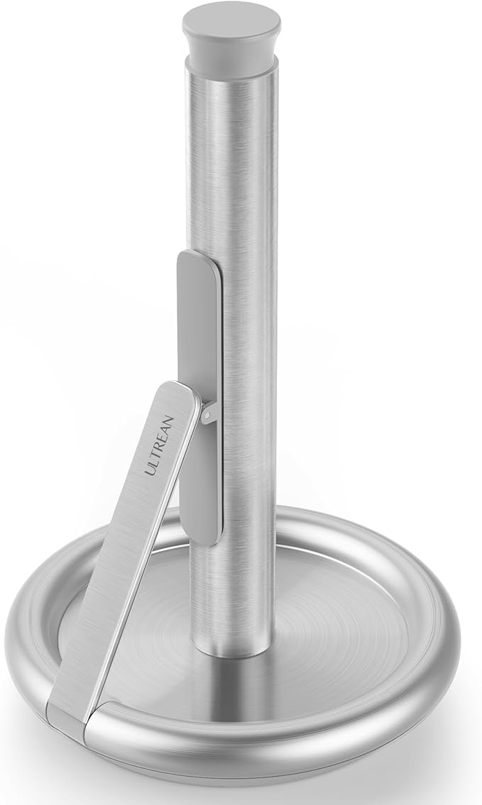 Ultrean Paper Towel Holder Countertop, Freestanding Paper Towel Dispenser with Spring-Loaded Arm for One-Handed Tear, Weighted Non-Slip Base, Stainless Steel for Kitchen