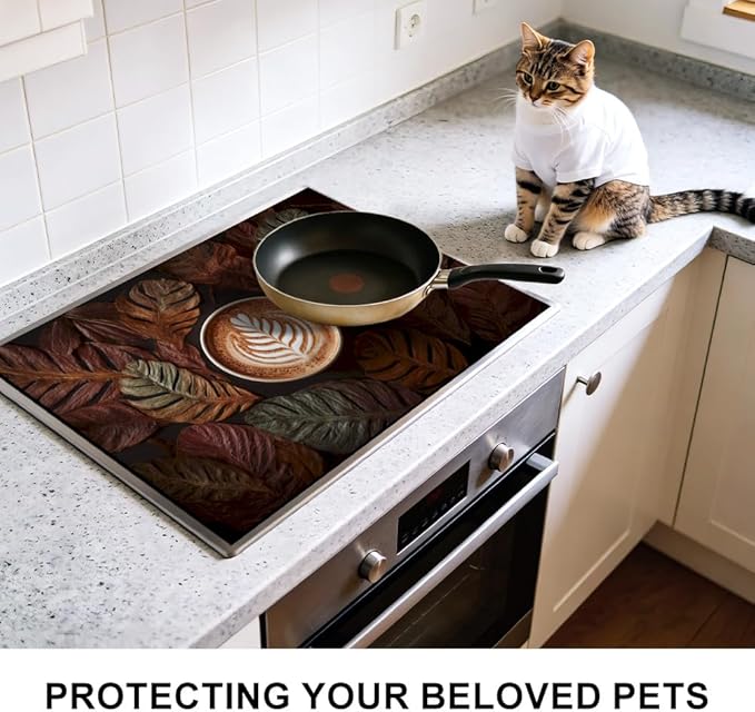 Stove Top Cover for Electric Stove 28.4 x 20.5 Inch Non Slip Stove Mat Oil Proof Coffee Leaves Glass Cooktop Protector Kitchen Counter Mat