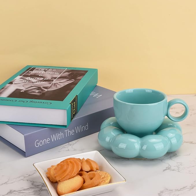 Koythin Ceramic Coffee Mug with Saucer Set, Creative Cute Cup with Sunflower Coaster for Office and Home, Dishwasher and Microwave Safe, 6.5 oz/200 ml for Tea Latte Milk (Blue-green)