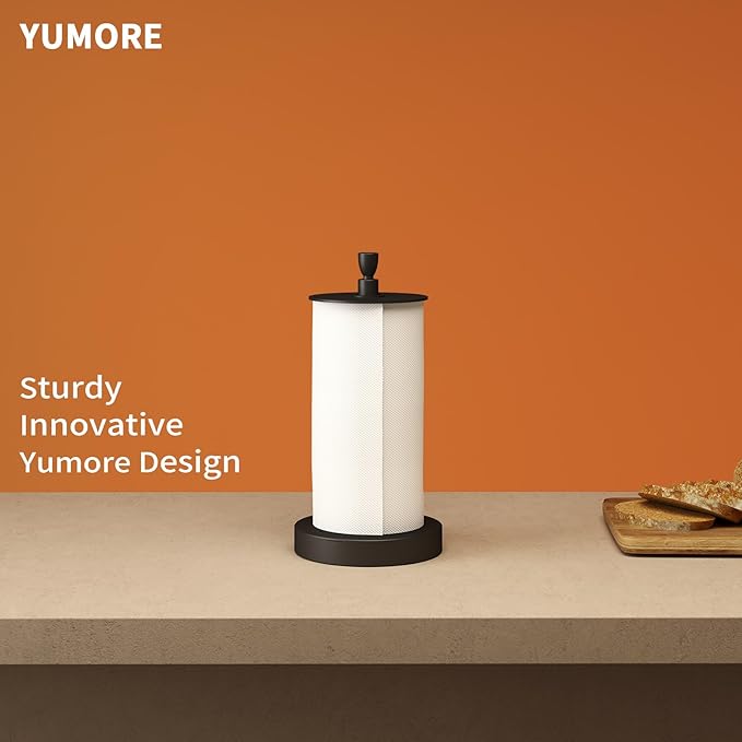 YUMORE Paper Towel Holder Countertop – Heavy Weighted Base Non-Slip, One-Hand Tear, Stainless Steel Kitchen Paper Towel Stand for Stove Side, RV, Black