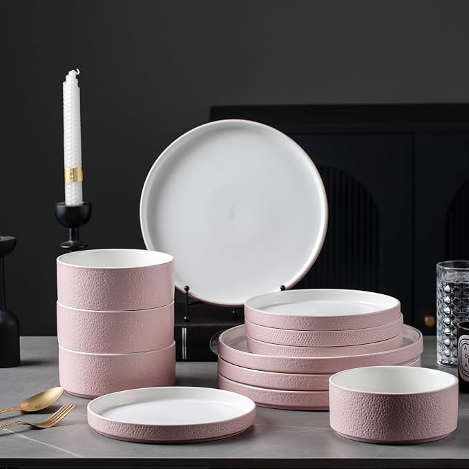 Pink Ceramic Dinnerware Set for 4, 12 Piece Porcelain Plates and Bowls Set for 4, Modern Stoneware Chip and Scratch Resistant Dish Sets, Dinner Plates Set, Microwave and Dishwasher Safe (Pink)
