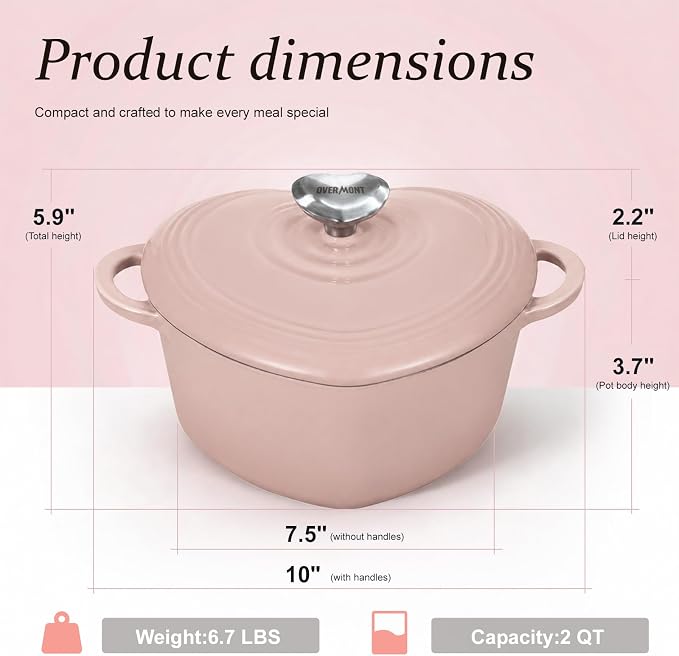 Overmont Heart-Shaped Enameled Cast Iron Dutch Oven, 2QT Pink Mini Pot with Lid for Cozy Meals, Soups & Small Batch Baking, Cute Kitchen Cookware Gift for Wedding, Housewarming & Birthday