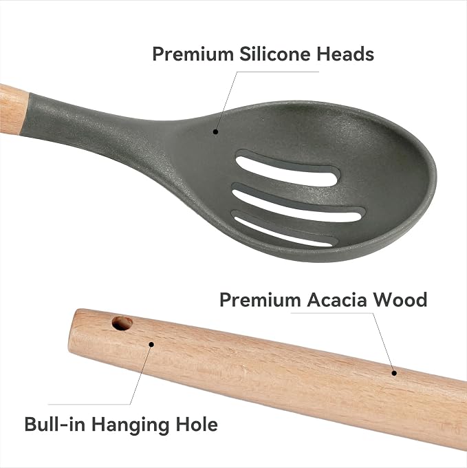 Non-Stick Silicone Cooking Utensils Set, 5 Pcs with Wooden Handle, Heat Resistant Silicone Kitchen Gadgets (Gray)