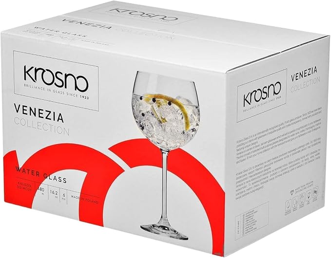 Krosno Gin Balloon & Water Glasses | 6-Piece Set | 16.2 oz | Venezia Collection | Perfect for Home, Restaurants and for Parties and Events | Dishwasher Safe | Lead-Free Crystal Glass