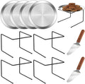 4 PCS Pizza Stand Holder, Black Metal Pizza Pan Display Stands for Buffet Restaurant Home, 4 Pizza Pan and 2 Wood Handle Pie Server