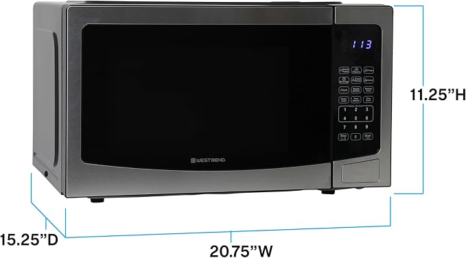 West Bend Microwave Oven 1000-Watts Compact with 6 Pre-Set Cooking Settings, Time and Weight Defrost, Electronic Control Panel and Glass Turntable, 1.1 Cu.Ft., Stainless Steel