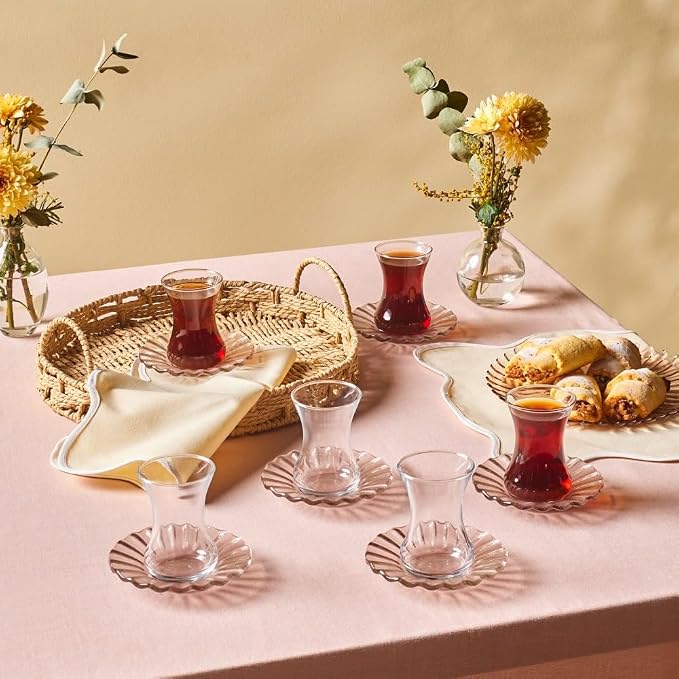 Karaca Luna 12-Piece Turkish Tea Cups for 6 People, 4.4 fl oz Turkish Tea Glasses Set with Elegant Light Brown Glass Saucers