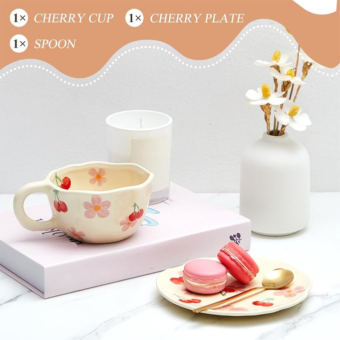 Vesici 1 Set Ceramic Coffee Mug Set with Saucer and Spoon Cute Mothers Day Gifts for Mom 8.5 oz Vintage Floral Tea Cup Aesthetic Mug Gift for Women, Dishwasher and Microwave Safe (Classic Style)