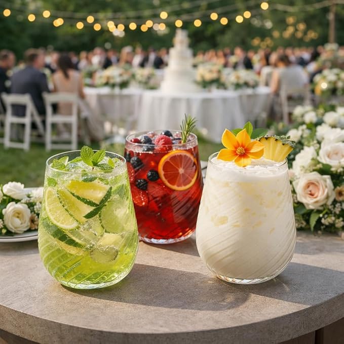 Oojami 40 Pack 12 oz Disposable Wine Glasses Stemless Ribbed Origami Cocktail Champagne Glasses, Shatterproof Unbreakable BPA-Free Recyclable Reusable Plastic Wine Cups for Wedding Birthday Party