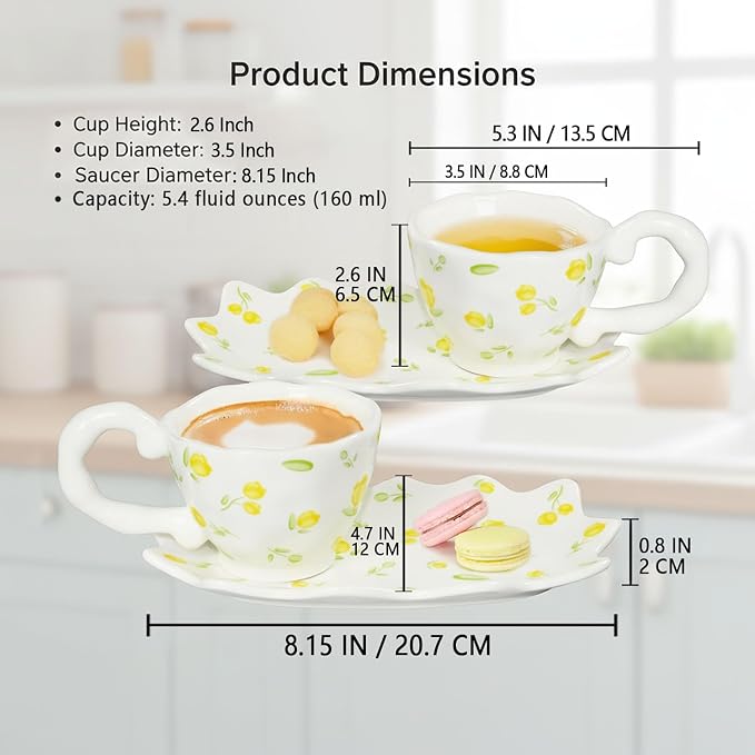 Unique Ceramic Tea Cup and Saucer Set, Coffee Mug, Cup and Saucer Set, Cute Fancy Women's Day Girly Afternoon Tea Set, 5.4 oz/160 ml Vintage Style, For Women and Tea Parties, Yellow flowers